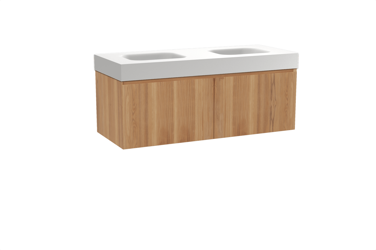 Balmani Idra zwevend badkamermeubel 135 x 55 cm teak met Arcato dubbele wastafel in solid surface mat wit