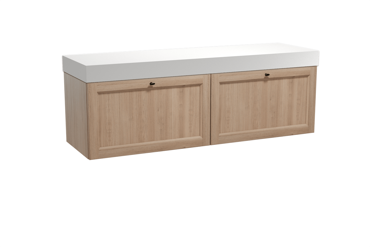 Balmani Lemon hängendes Möbelstück Set: 180 x 55 cm, Verwitterte Eiche, mit Dominus Einzel- oder Doppel Waschtischplatte, Solid Surface Weiß matt