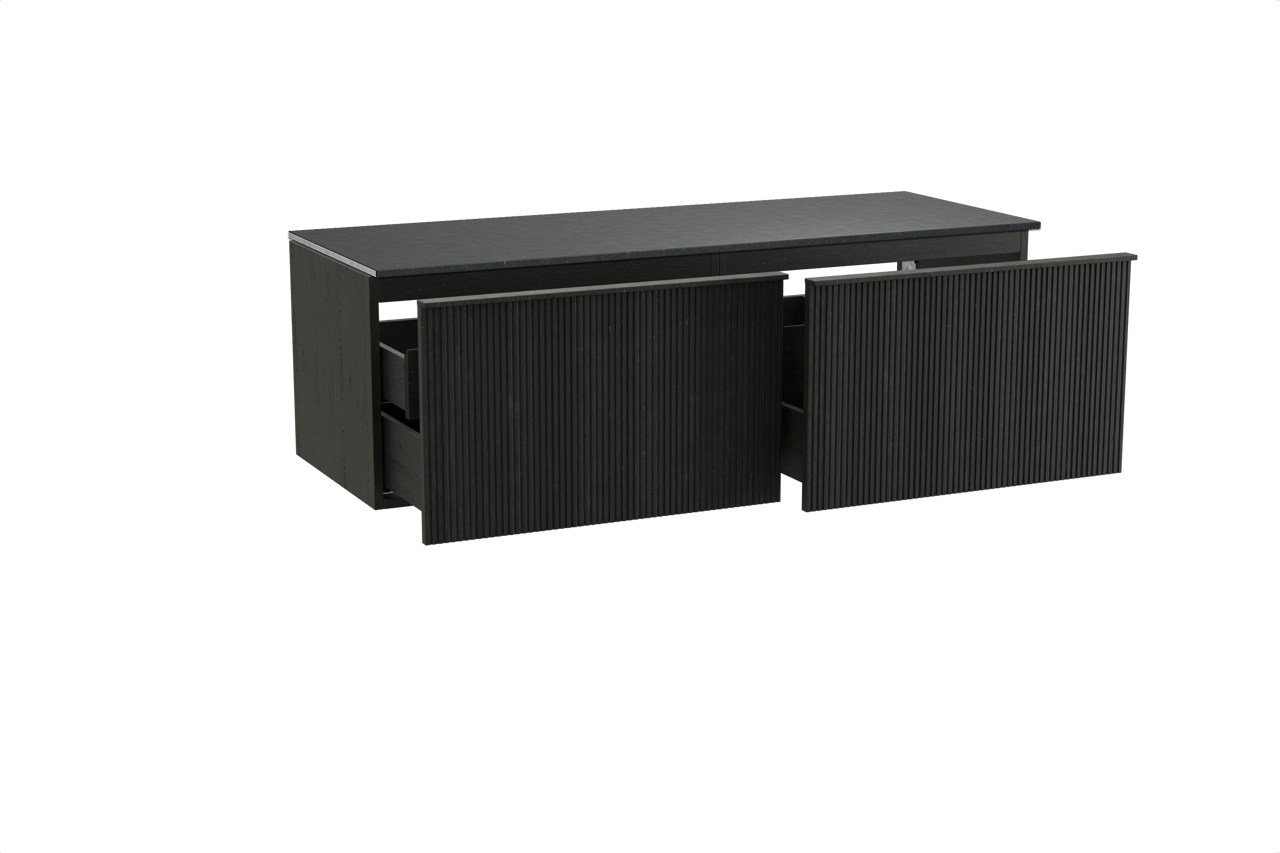 Balmani Forma hängendes Möbelstück Set: 150 x 55 cm, Schwarze Eiche, mit Stretto Einzel- oder Doppel Waschtischplatte, Granit, Schwarzes Granit, Vertikale symmetrische gerade Rippe