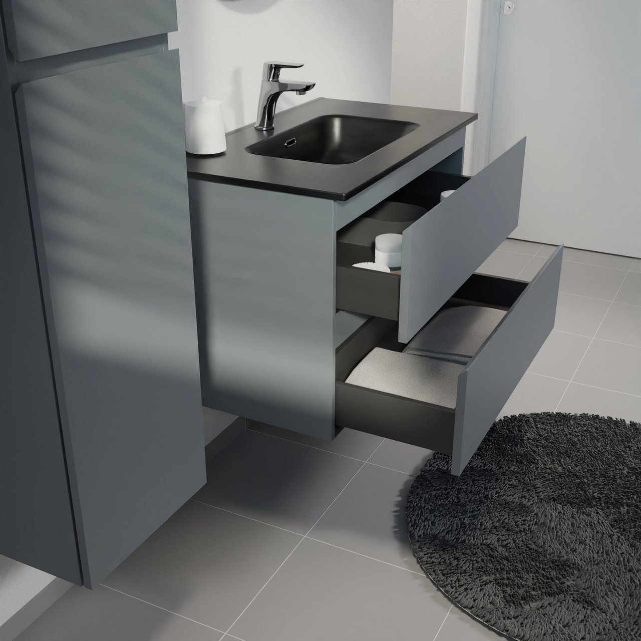 Linie Lado zwevend badkamermeubel 80 x 46 cm blauw antraciet met Baro enkele wastafel in porselein mat zwart