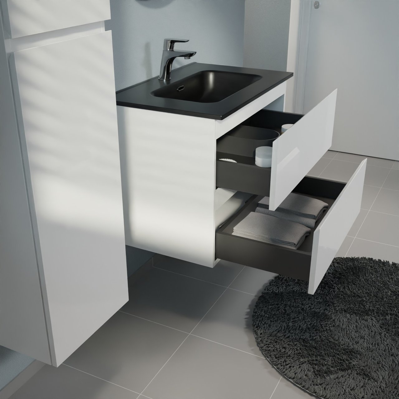 Linie Lado hängendes Möbelstück Set: 70 x 46 cm, Weiß glänzend, mit Baro Einzelwaschtisch, Porzellan Schwarz matt