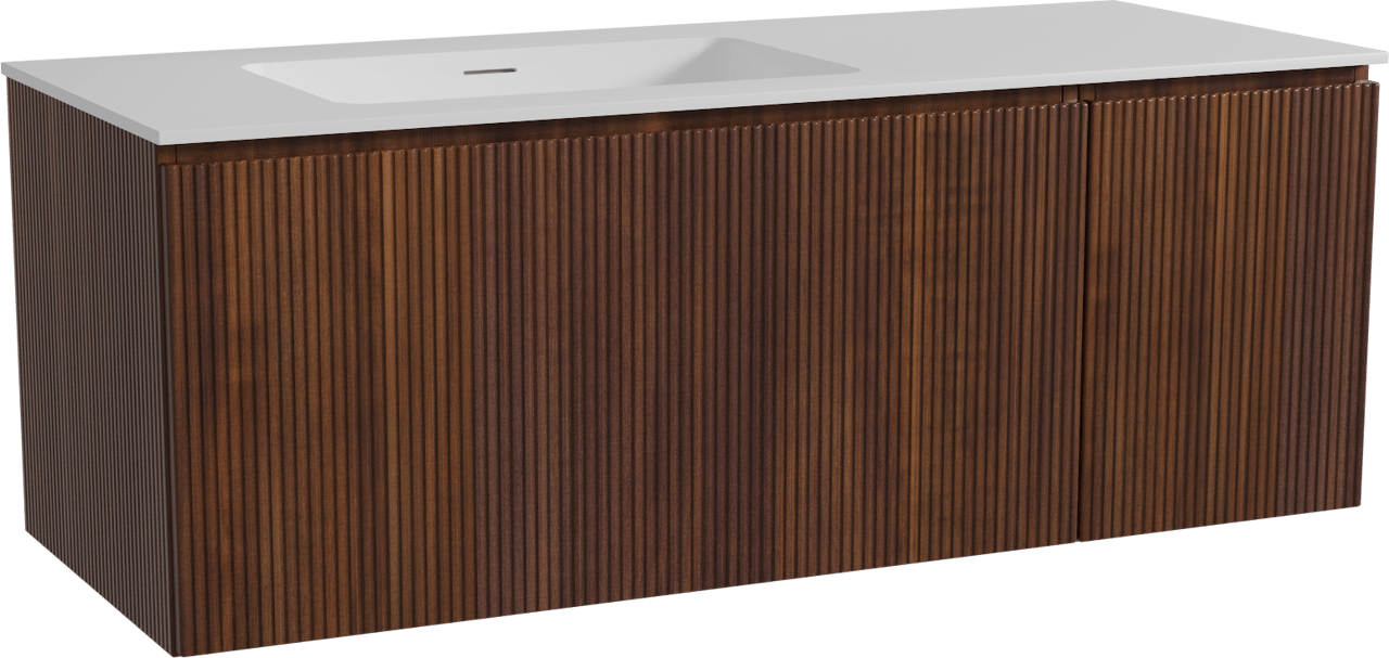 Storke Ribs hängendes Möbelstück Set: 130 x 52 cm, Nussbaum, mit Mata Waschtisch links, Solid Surface, Weiß matt, Vertikale symmetrische gerade Rippe