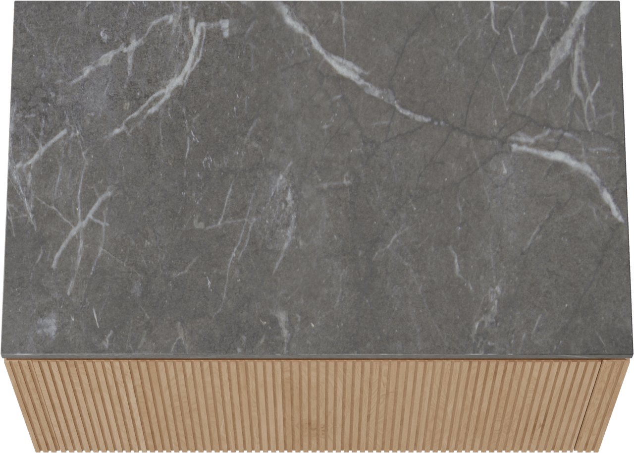 Balmani Eclips zwevend badkamermeubel 90 x 55 cm Natuur eik met Stretto enkel tablet in Pietra Grey marmer, Verticale symmetrische rechte ribbel