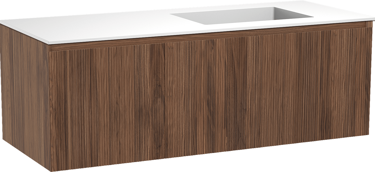 Balmani Fila meuble salle de bains suspendu 135 x 55 cm noyer avec Tablo Stretto vasque asymétrique droite en solid surface blanc mat, Nervure droite symétrique verticale