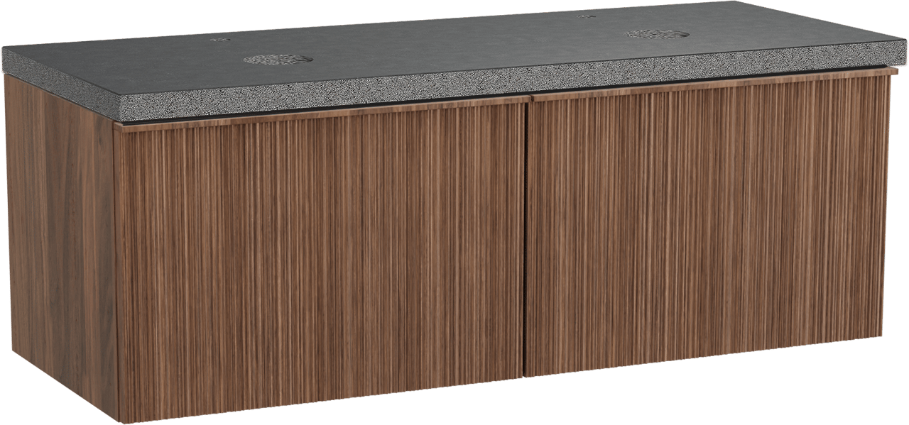 Balmani Forma hängendes Möbelstück Set: 135 x 55 cm, Amerikanischer Nussbaum, mit Rock Doppel Waschtischplatte, Granit, Schwarzes Granit, Vertikale asymmetrische Runde Rippe