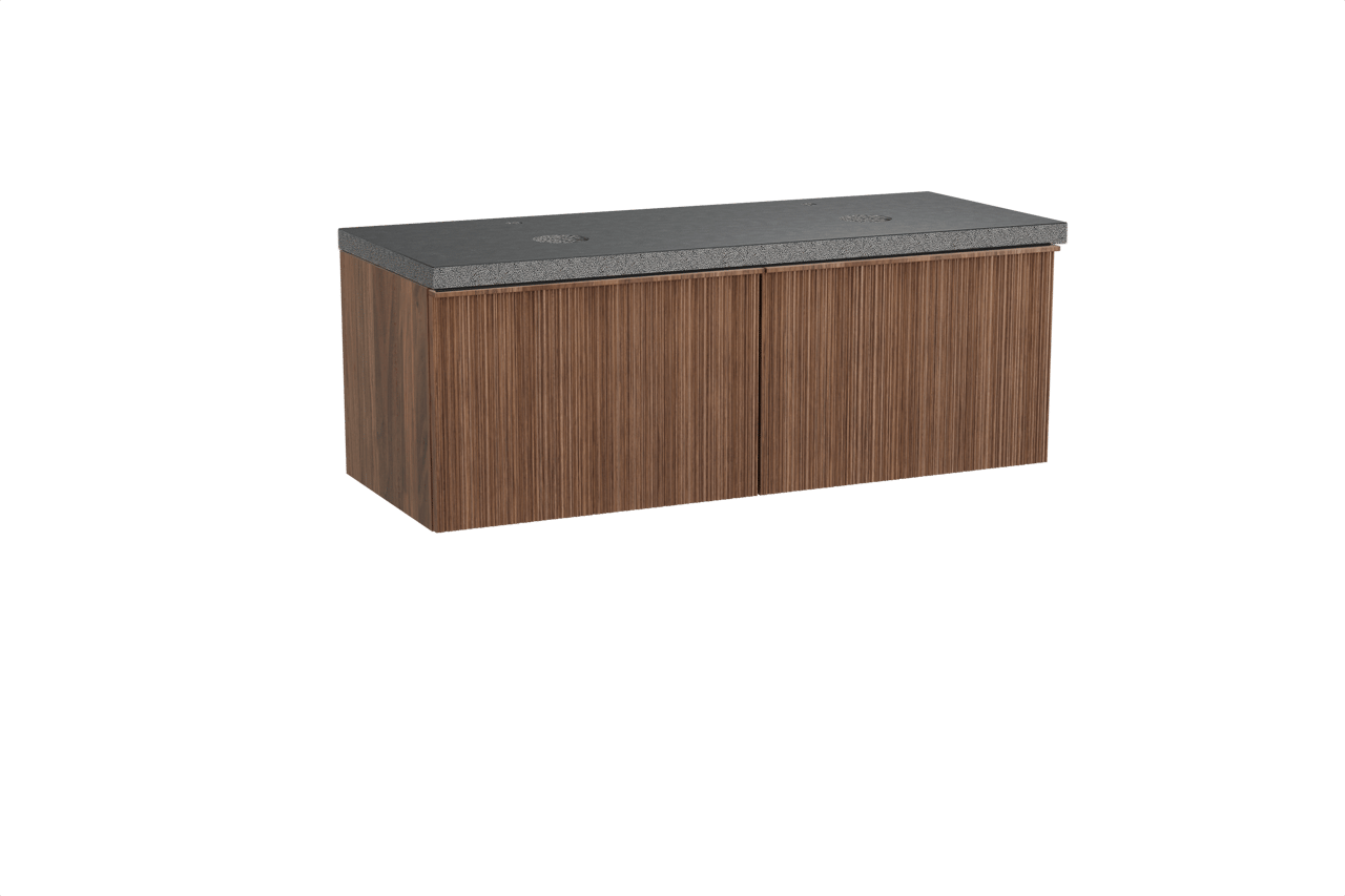 Balmani Forma hängendes Möbelstück Set: 135 x 55 cm, Amerikanischer Nussbaum, mit Rock Doppel Waschtischplatte, Granit, Schwarzes Granit, Vertikale asymmetrische Runde Rippe