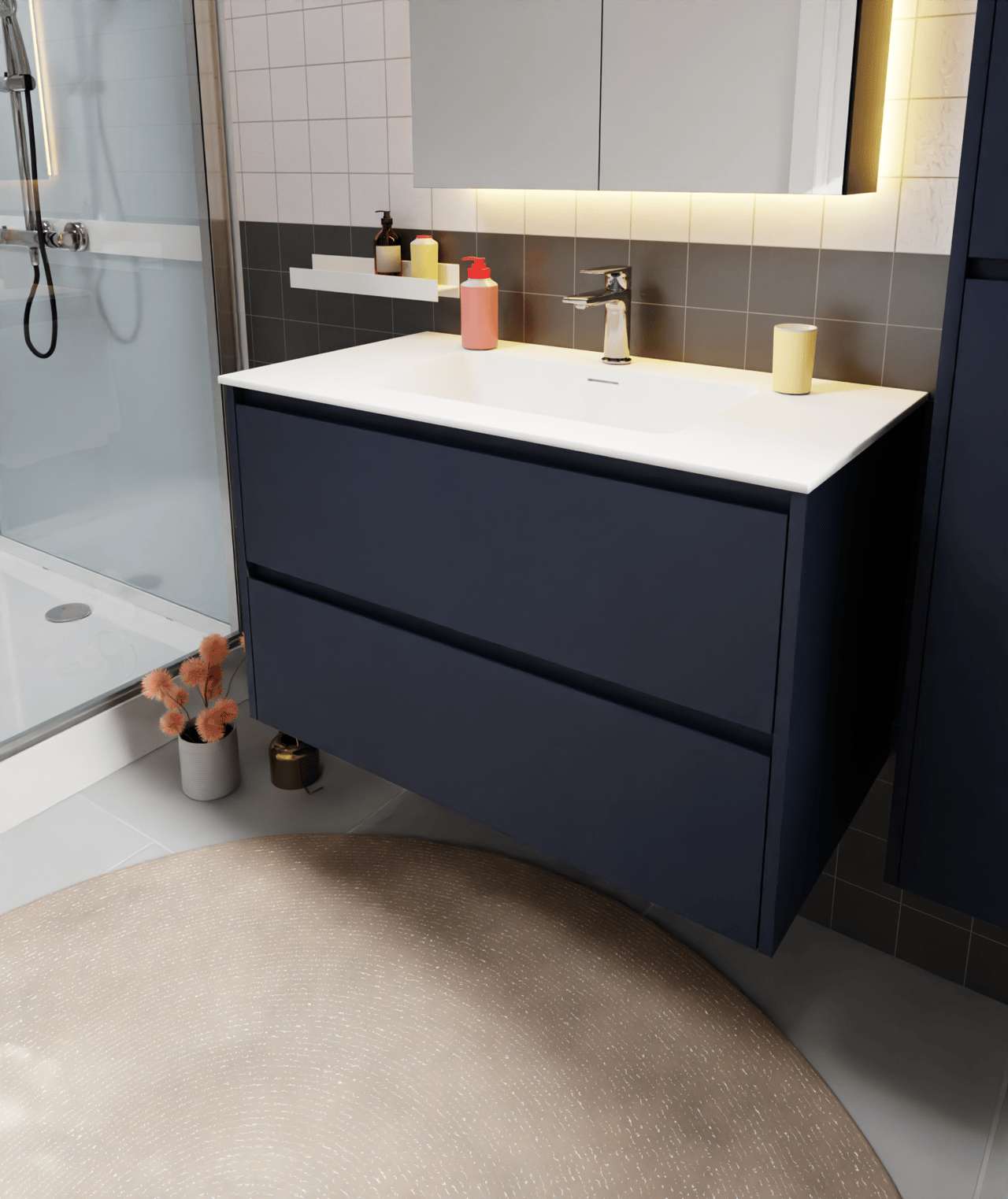 Storke Seda meuble sous-lavabo suspendu 95 x 52 cm bleu nuit 2 tiroirs