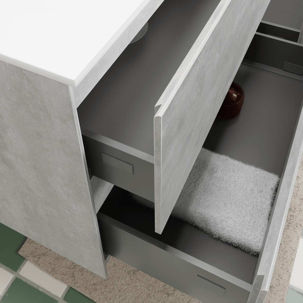 Storke Edge zwevend badmeubel 150 x 52 cm beton donkergrijs met Mata asymmetrisch linkse wastafel in solid surface mat wit