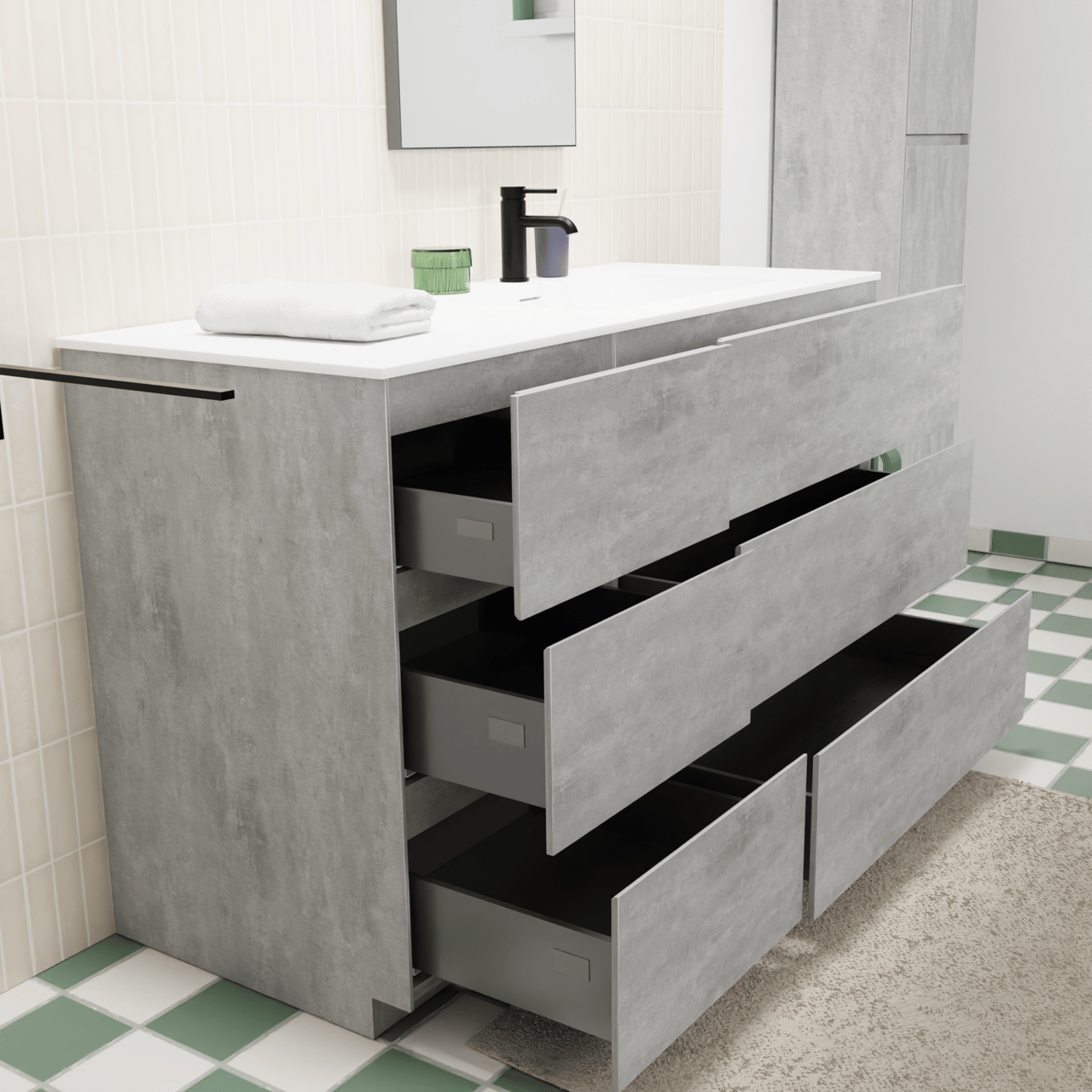 Storke Edge meuble salle de bains à poser 130 x 52 cm béton gris foncé avec Mata plan vasque asymétrique à droite en solid surface blanc mat