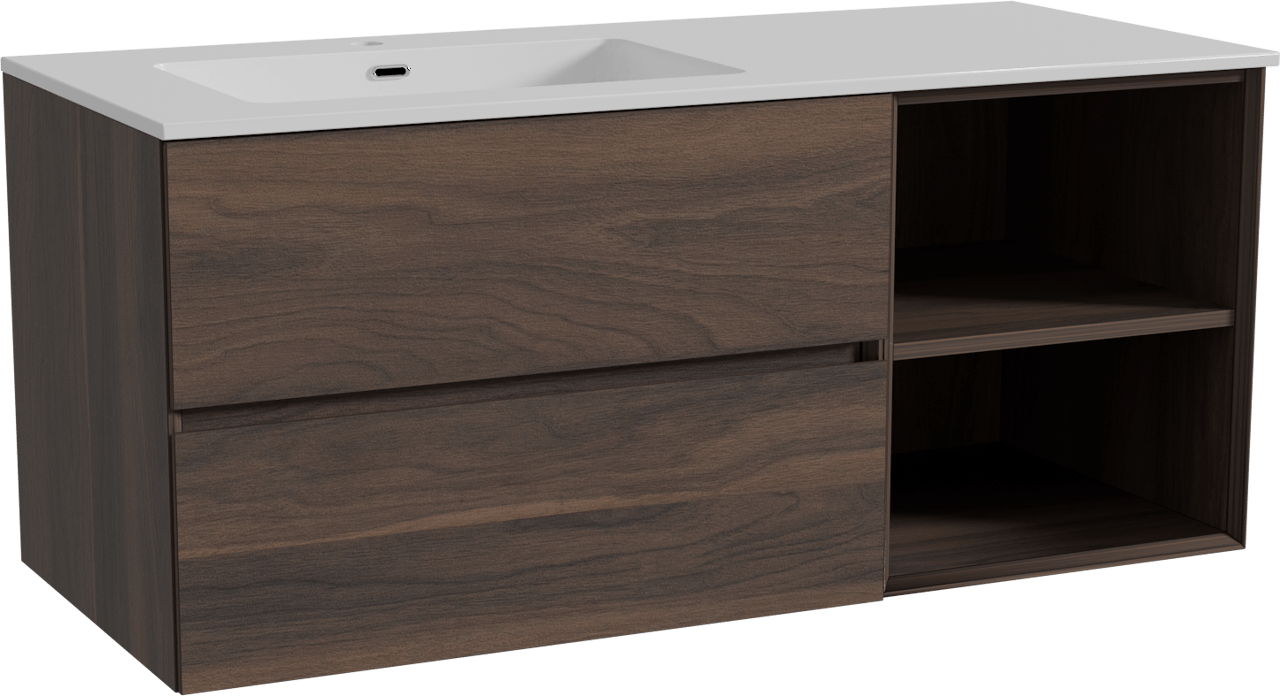 Storke Edge meuble salle de bains suspendu 120 x 52 cm noyer avec Diva vasque asymétrique gauche en marbre composite blanc brillant