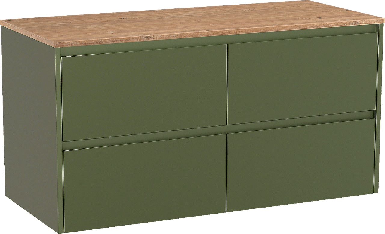 Storke Seda zwevend badmeubel 120 x 52 cm olijfgroen met Panton enkel of dubbel wastafelblad in melamine ruw eiken