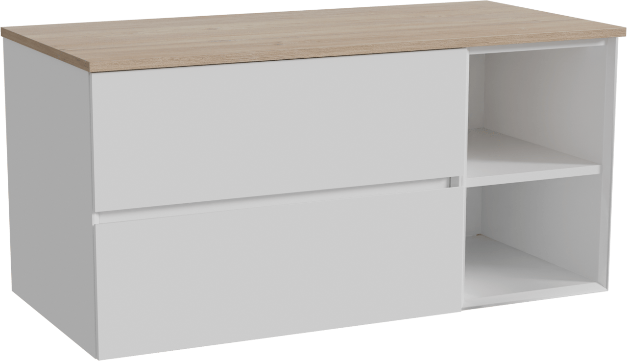 Storke Edge hängendes Möbelstück Set: 110 x 52 cm, Weiß glänzend, mit Panton Einzel Waschtischplatte, Melamin Rohe Eiche