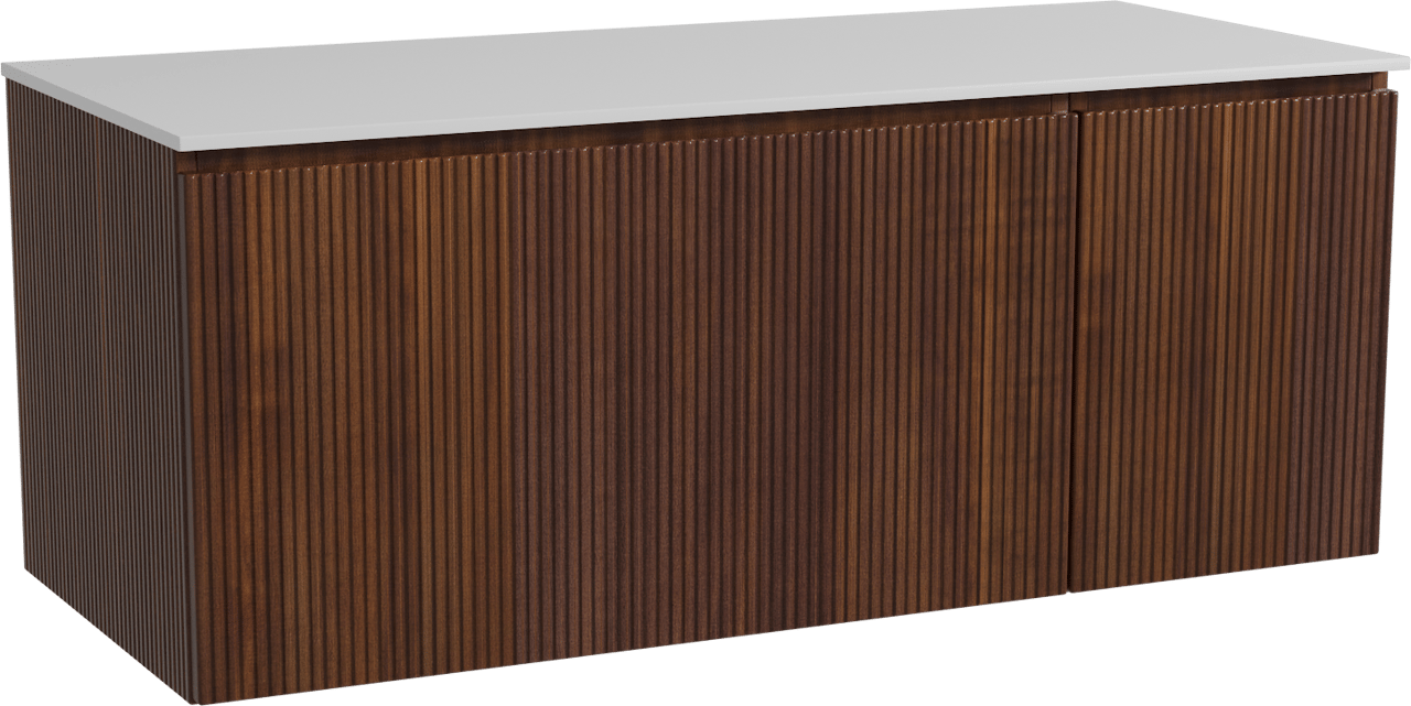 Storke Ribs zwevend badmeubel 120 x 52 cm notenhout met Tavola enkel of dubbel wastafelblad in solid surface mat wit, Verticale symmetrische rechte ribbel