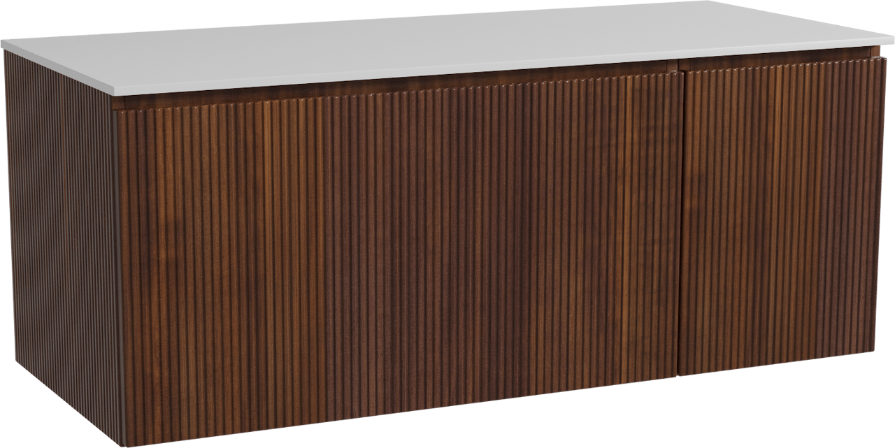 Storke Ribs zwevend badmeubel 120 x 52 cm notenhout met Tavola enkel of dubbel wastafelblad in solid surface mat wit, Verticale symmetrische rechte ribbel