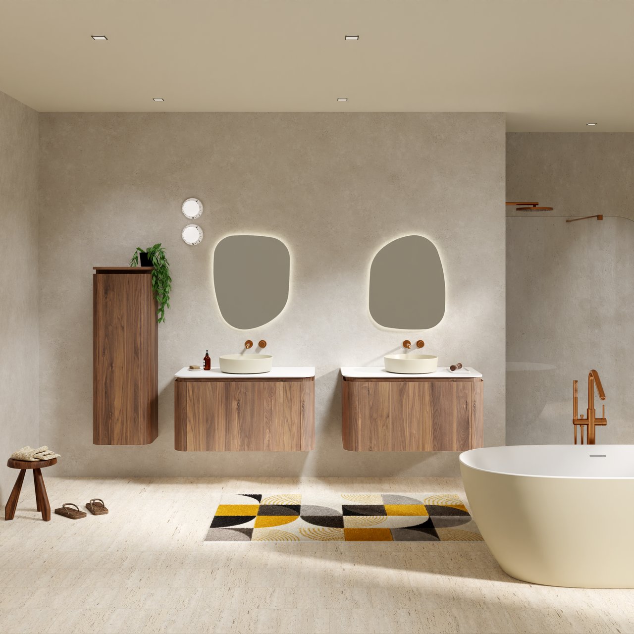 Balmani Moon meuble salle de bains suspendu 100 x 55 cm noyer américain avec Moon tablette simple en solid surface blanc mat