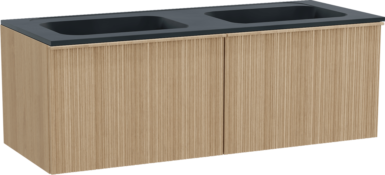 Balmani Forma zwevend badmeubel 135 x 55 cm naturel eiken met Tablo Strada dubbele wastafel in composietmarmer mat zwart, Verticale asymmetrische ronde ribbel