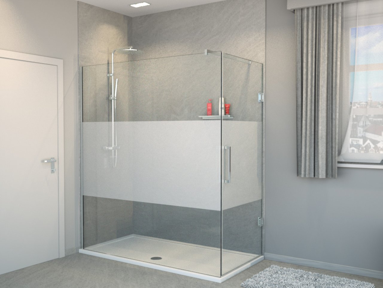 Balmani Modular douche de plain-pied avec porte droite 160 x 200 cm verre transparent avec bande matte profil chrome brillant