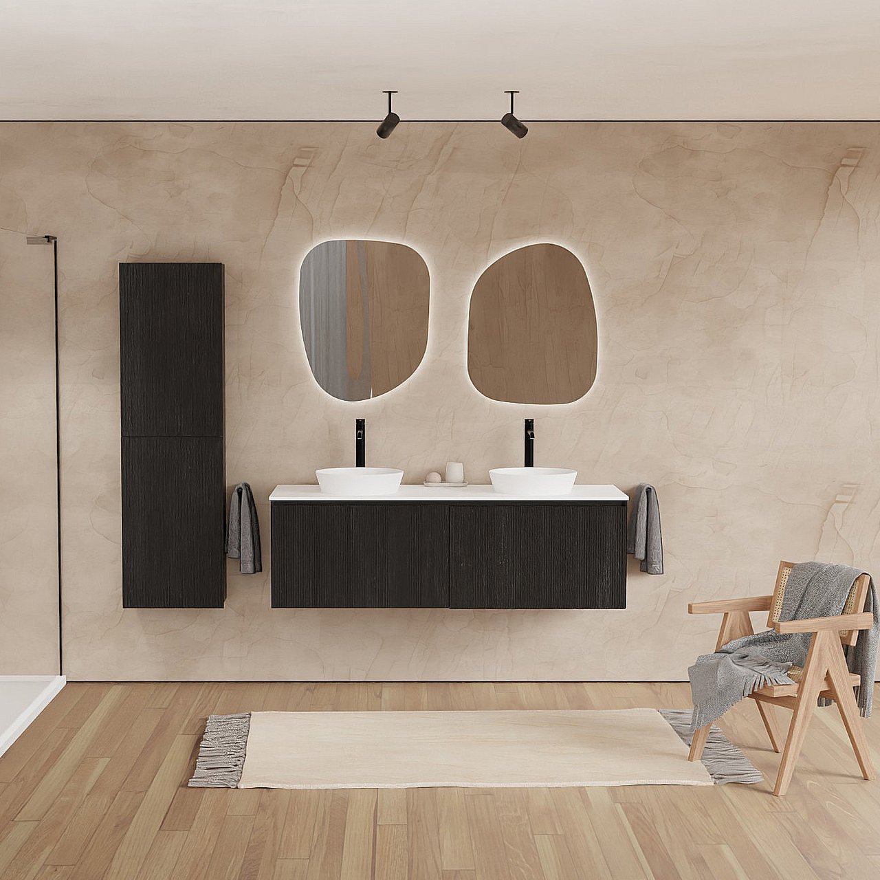 Balmani Fila meuble salle de bains suspendu 150 x 55 cm chêne noir avec Stretto tablette simple ou double en solid surface blanc mat, Nervure droite symétrique verticale