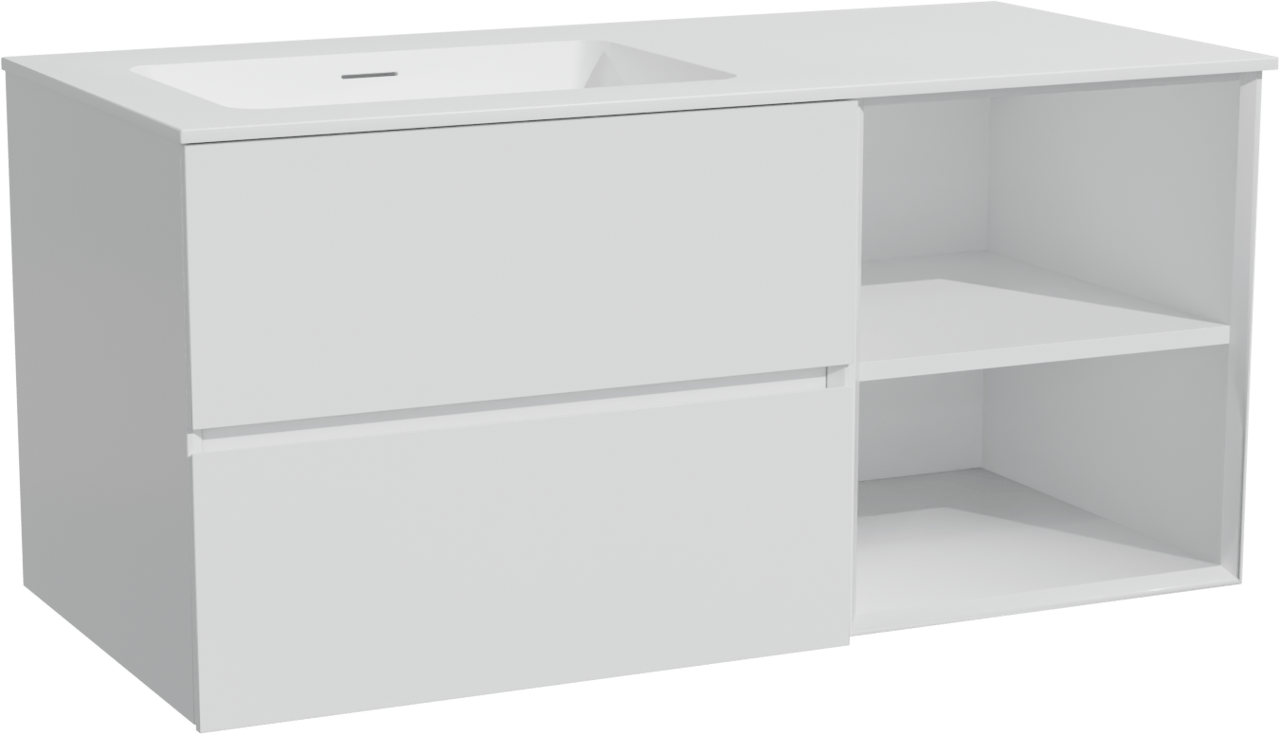 Storke Edge hängendes Möbelstück Set: 110 x 52 cm, Weiß matt, mit Mata Waschtisch links, Solid Surface Weiß matt