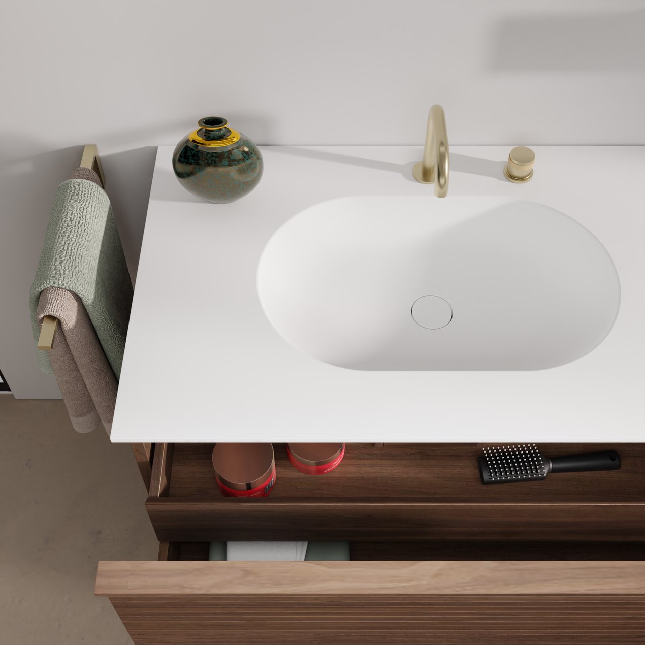 Balmani Forma hängendes Möbelstück Set: 135 x 55 cm, Amerikanischer Nussbaum, mit Tablo Oval Doppelwaschtisch, Solid Surface, Weiß matt, Horizontale symmetrische gerade Rippe