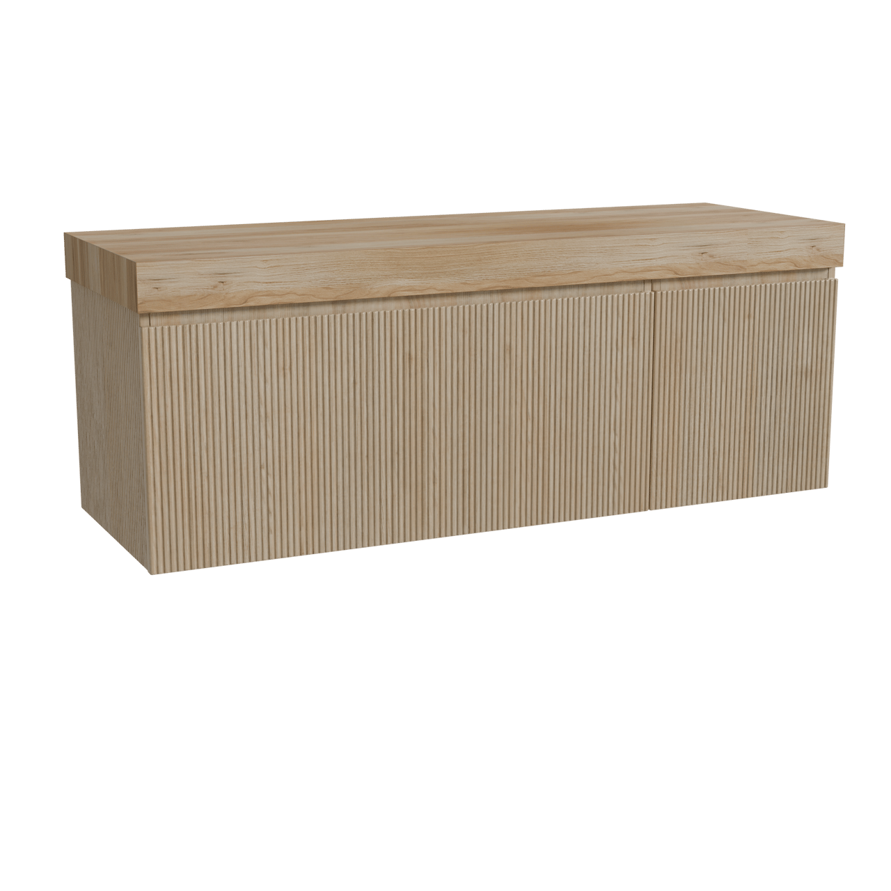 Storke Ribs zwevend badkamermeubel 150 x 52 cm ruwe eik met Kada enkel of dubbel tablet in hpl rustieke teak, Verticale symmetrische rechte ribbel