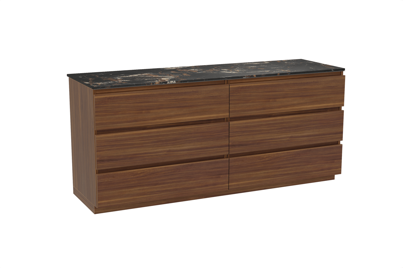 Balmani Lucida freistehendes Möbelstück Set: 180 x 55 cm, Amerikanischer Nussbaum, mit Stretto Einzel- oder Doppel Waschtischplatte, Marmor Portoro Gold