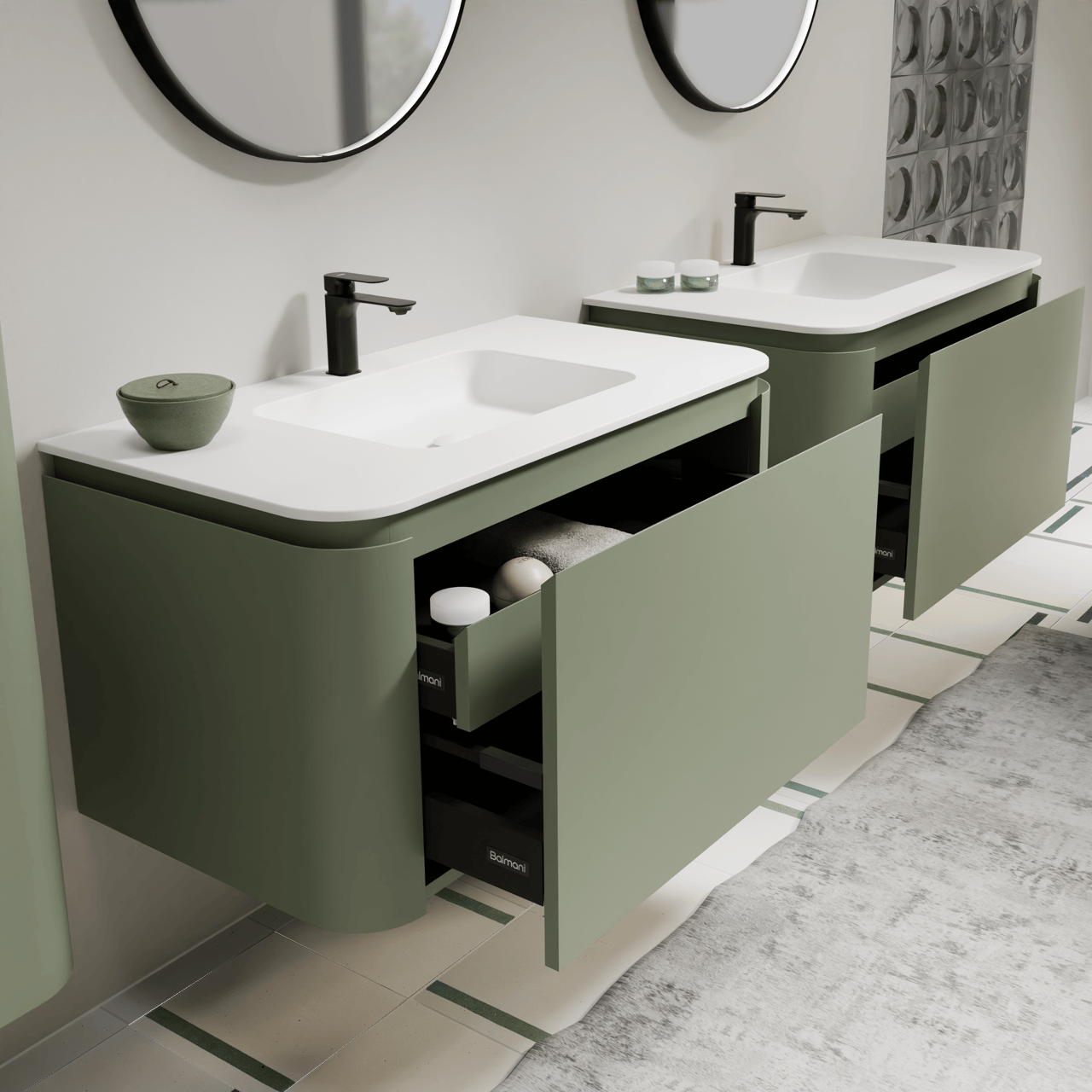 Balmani Moon hängendes Möbelstück Set: 100 x 55 cm, SalbeigrÃ¼n, mit Moon Einzelwaschtisch, Solid Surface Weiß matt