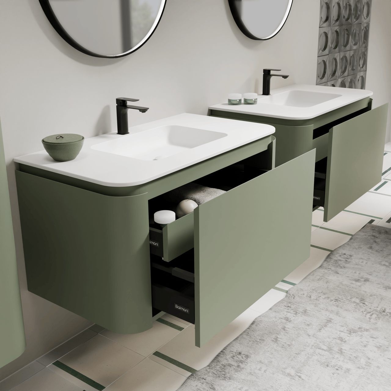 Balmani Moon hängendes Möbelstück Set: 100 x 55 cm, Salbeigrün, mit Moon Einzelwaschtisch, Solid Surface Weiß matt