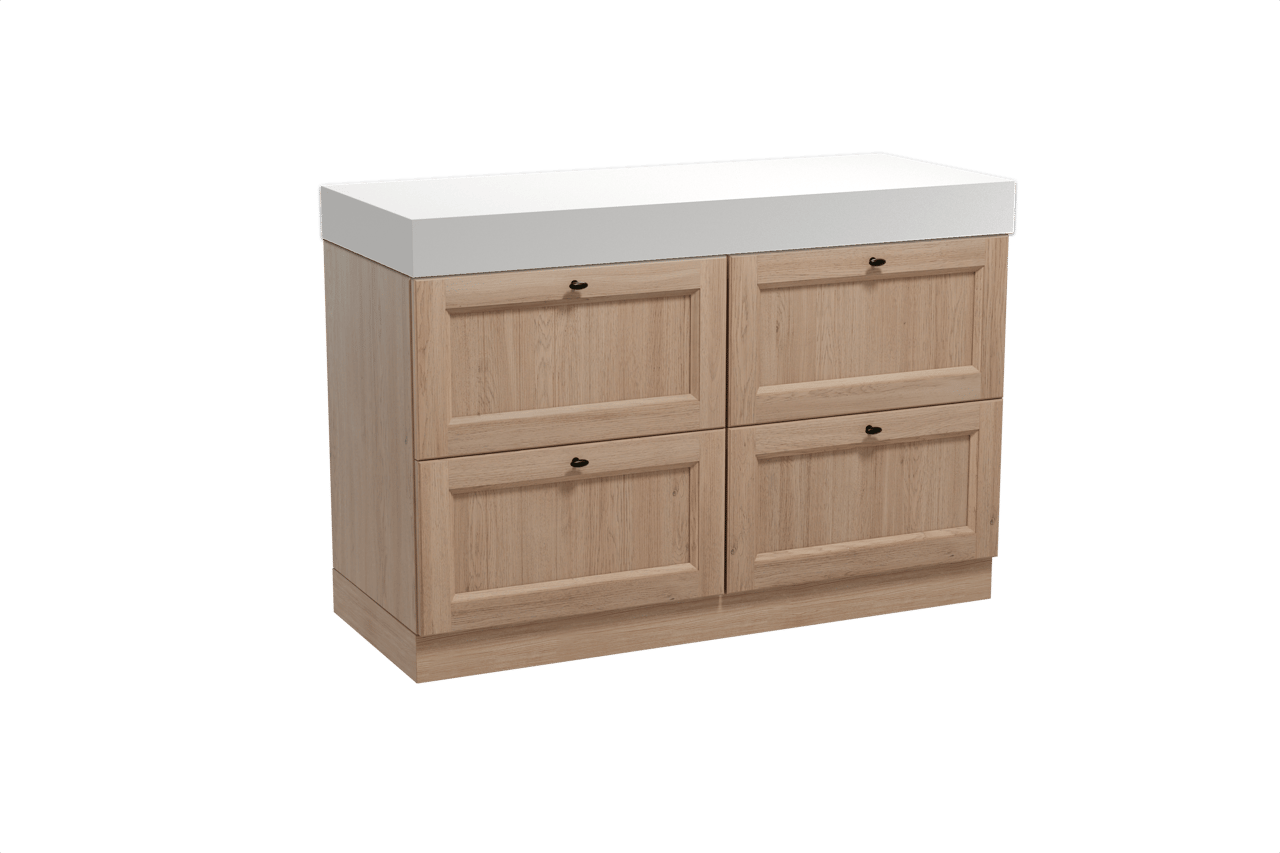 Balmani Lemon freistehendes Möbelstück Set: 135 x 55 cm, Verwitterte Eiche, mit Dominus Einzel- oder Doppel Waschtischplatte, Solid Surface Weiß matt