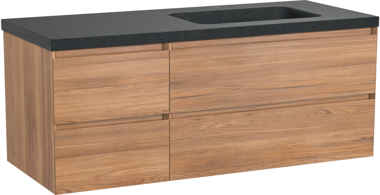 Balmani Mitra hängendes Möbelstück Set: 135 x 55 cm, Teak, mit Napoli Waschtisch rechts, Schwarzes Granit