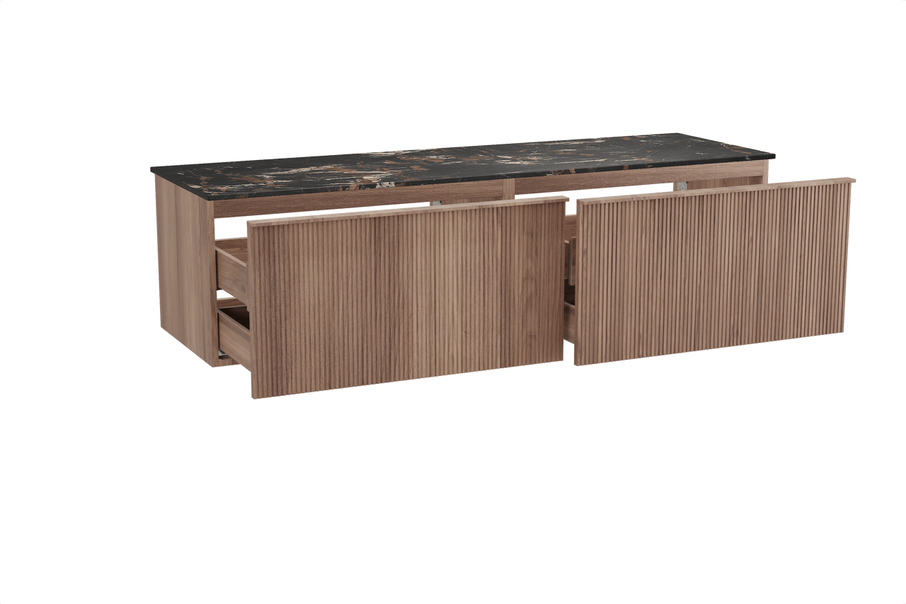 Balmani Forma hängendes Möbelstück Set: 180 x 55 cm, Teak, mit Stretto Einzel- oder Doppel Waschtischplatte, Marmor, Portoro Gold, Vertikale symmetrische gerade Rippe