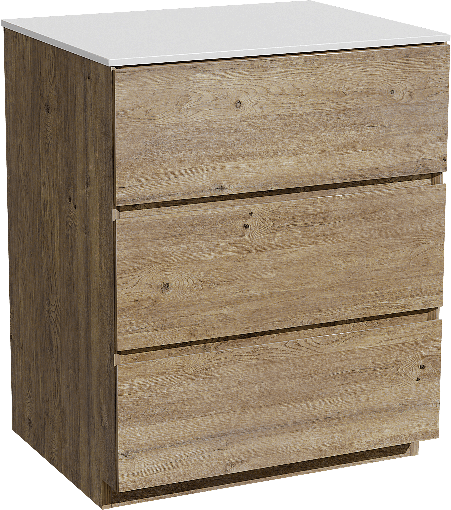 Storke Edge freistehendes Möbelstück Set: 65 x 52 cm, Rohe Eiche, mit Tavola Einzel Waschtischplatte, Solid Surface Weiß matt