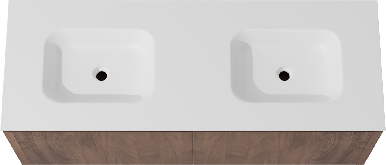 Balmani Eclips zwevend badkamermeubel 150 x 55 cm Amerikaanse notelaar met Tablo Arcato dubbele wastafel in Solid Surface mat wit