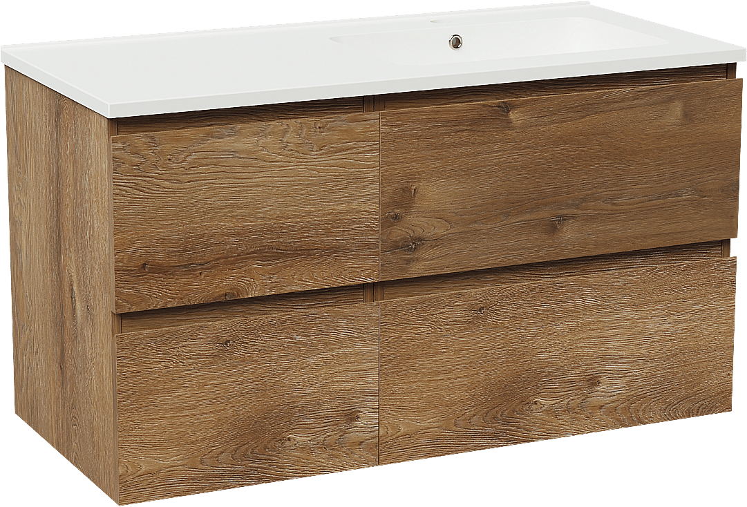 Linie Lado zwevend badkamermeubel 100 x 46 cm bruine eik met Vano asymmetrisch rechtse wastafel in composietmarmer mat wit