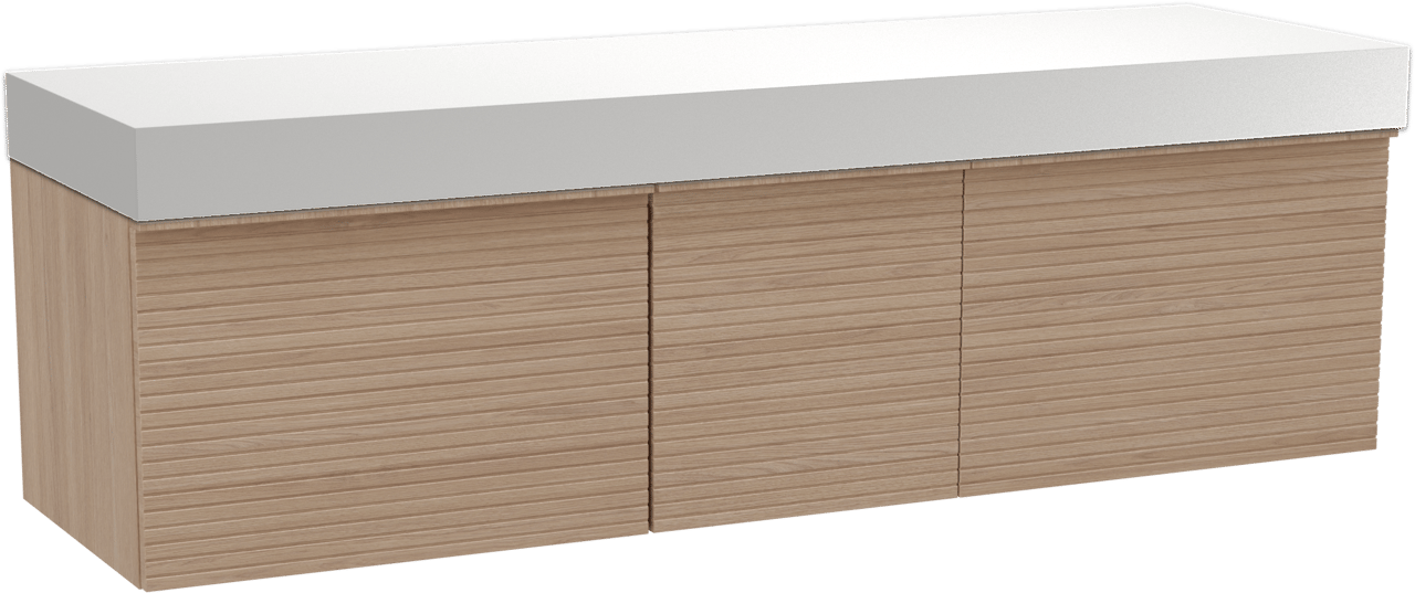 Balmani Forma zwevend badkamermeubel 180 x 55 cm natuur eik met Dominus enkel of dubbel tablet in solid surface mat wit, Horizontale symmetrische rechte ribbel