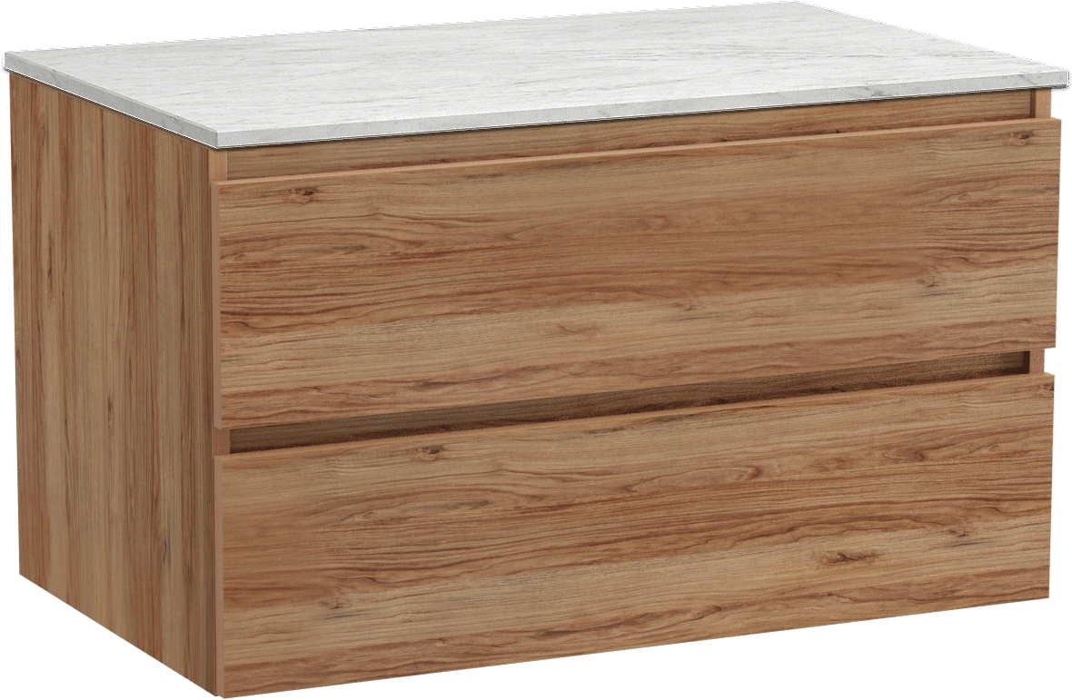 Balmani Lucida hängendes Möbelstück Set: 90 x 55 cm, Teak, mit Stretto Einzel Waschtischplatte, Marmor Carrara