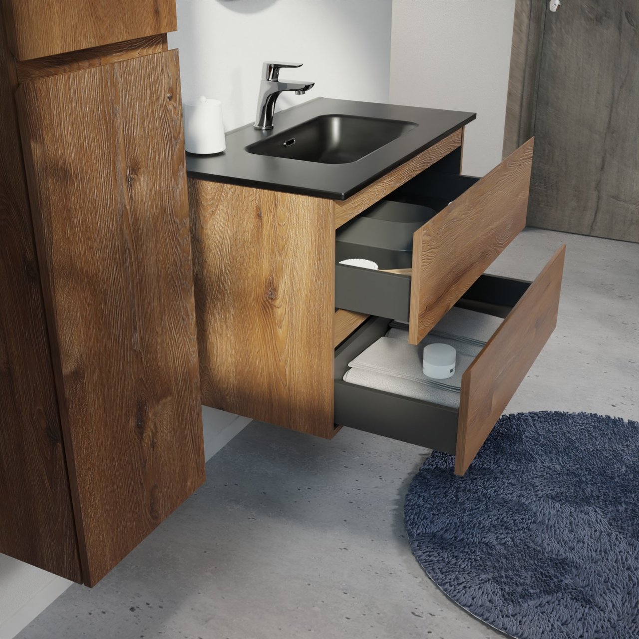 Linie Lado meuble salle de bains suspendu 80 x 46 cm chêne brun avec Baro plan simple en porcelaine noir mat