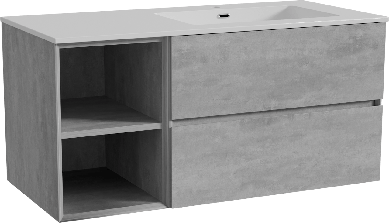 Storke Edge meuble salle de bains suspendu 110 x 52 cm béton gris foncé avec Diva vasque asymétrique droite en marbre composite blanc brillant