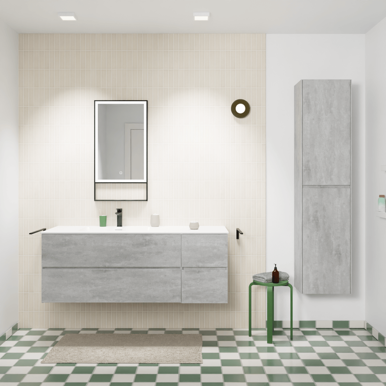 Storke Edge meuble salle de bains suspendu 140 x 52 cm béton gris foncé avec Mata plan vasque asymétrique à gauche en solid surface blanc mat