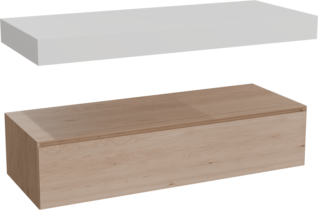 Balmani Mitra Elements meuble salle de bains suspendu 135 x 55 cm chêne naturel avec Arcato tablette simple ou double en solid surface blanc mat