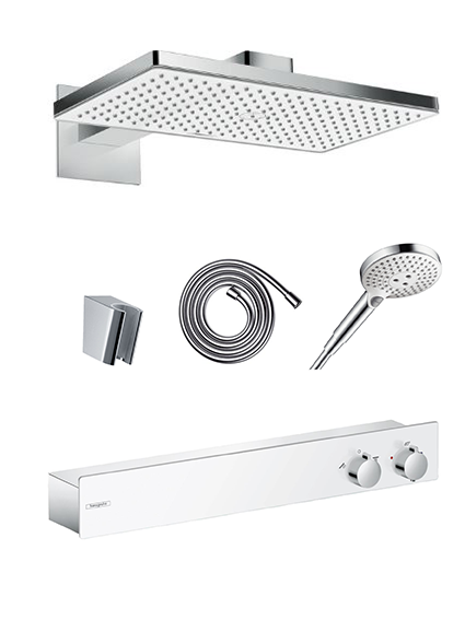 Hansgrohe ShowerWaschtischplatte 600 Unterputz Duschsystem mit Thermostat und rechteckige Kopfbrause 46 x 27 cm, chrom glänzend und weiß