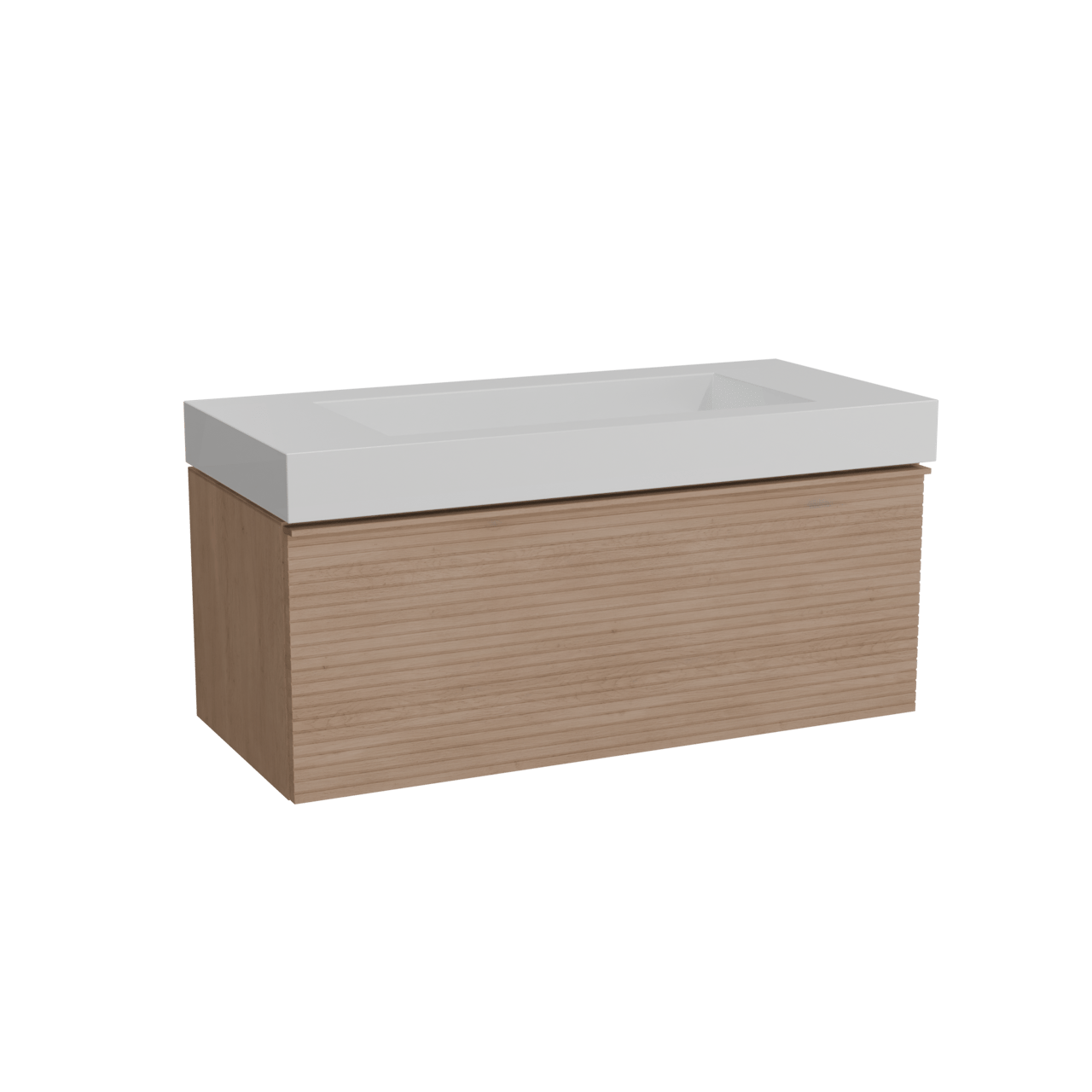 Balmani Forma hängendes Möbelstück Set: 120 x 55 cm, Naturbelassene Eiche, mit Modus Einzelwaschtisch für 2 Armaturenlöcher, Solid Surface, Weiß matt, Horizontale symmetrische gerade Rippe