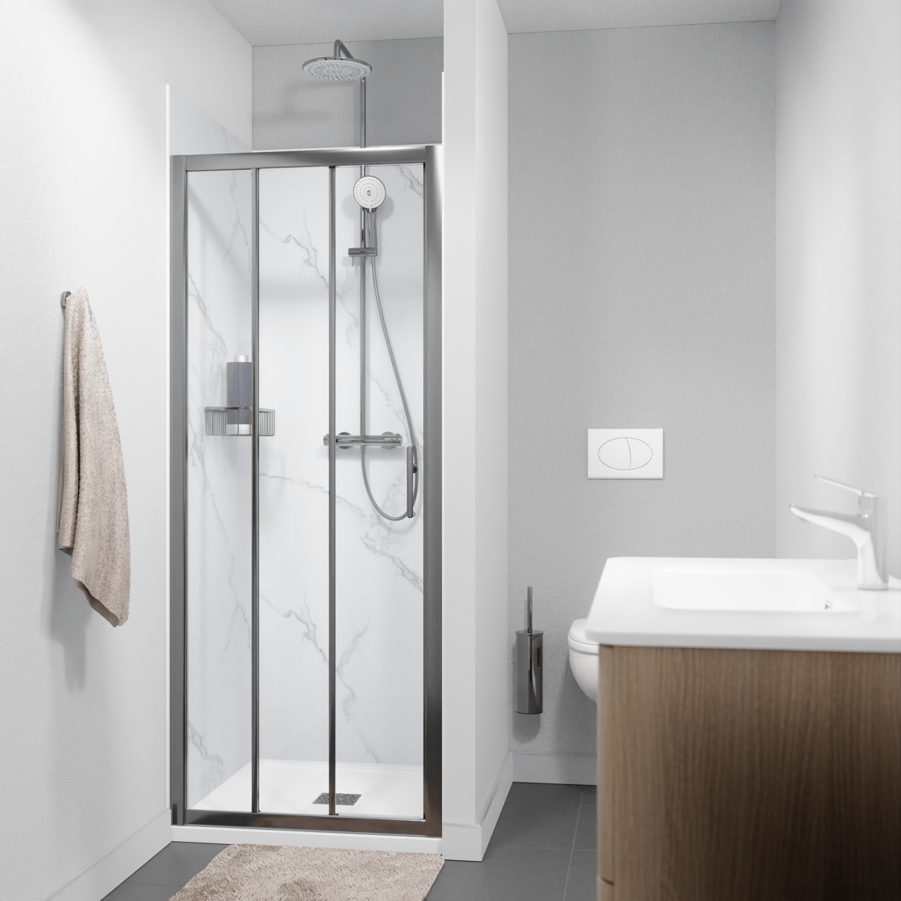 Linie Cadiz porte coulissante en trois parties 80 cm x 190 cm verre transparent profil Brushed Chrome