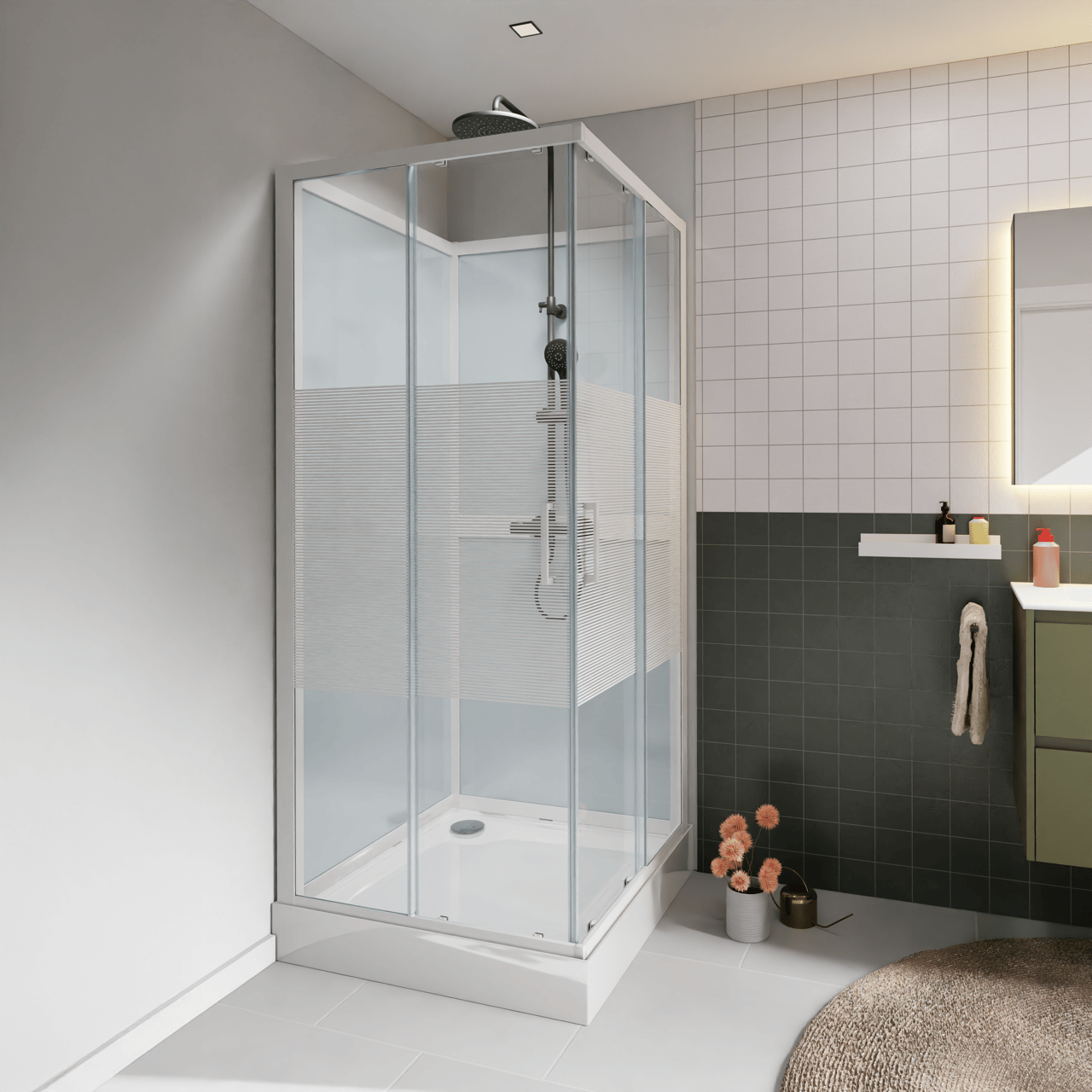 Luca Varess Talan complete douchecabine met schuifdeuren 90 x 90 cm helder glas met mat gestreepte strook glans wit profiel