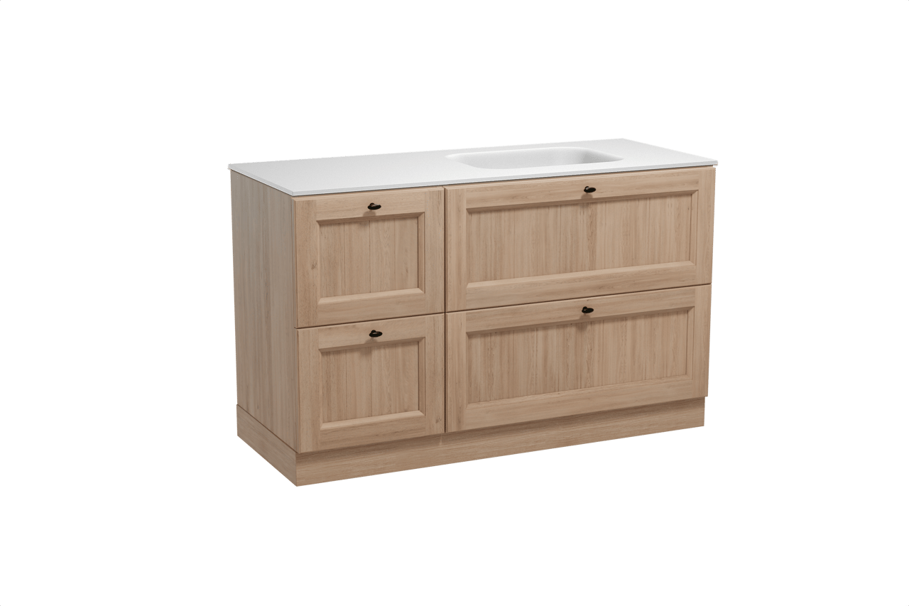 Balmani Lemon freistehendes Möbelstück Set: 135 x 55 cm, Verwitterte Eiche, mit Tablo Arcato Waschtisch rechts, Solid Surface Weiß matt