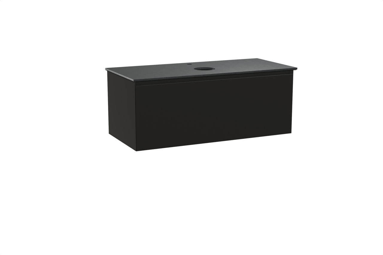 Balmani Idra hängendes Möbelstück Set: 120 x 55 cm, Schwarz matt, mit Facetta Einzel Waschtischplatte, Schwarzes Granit