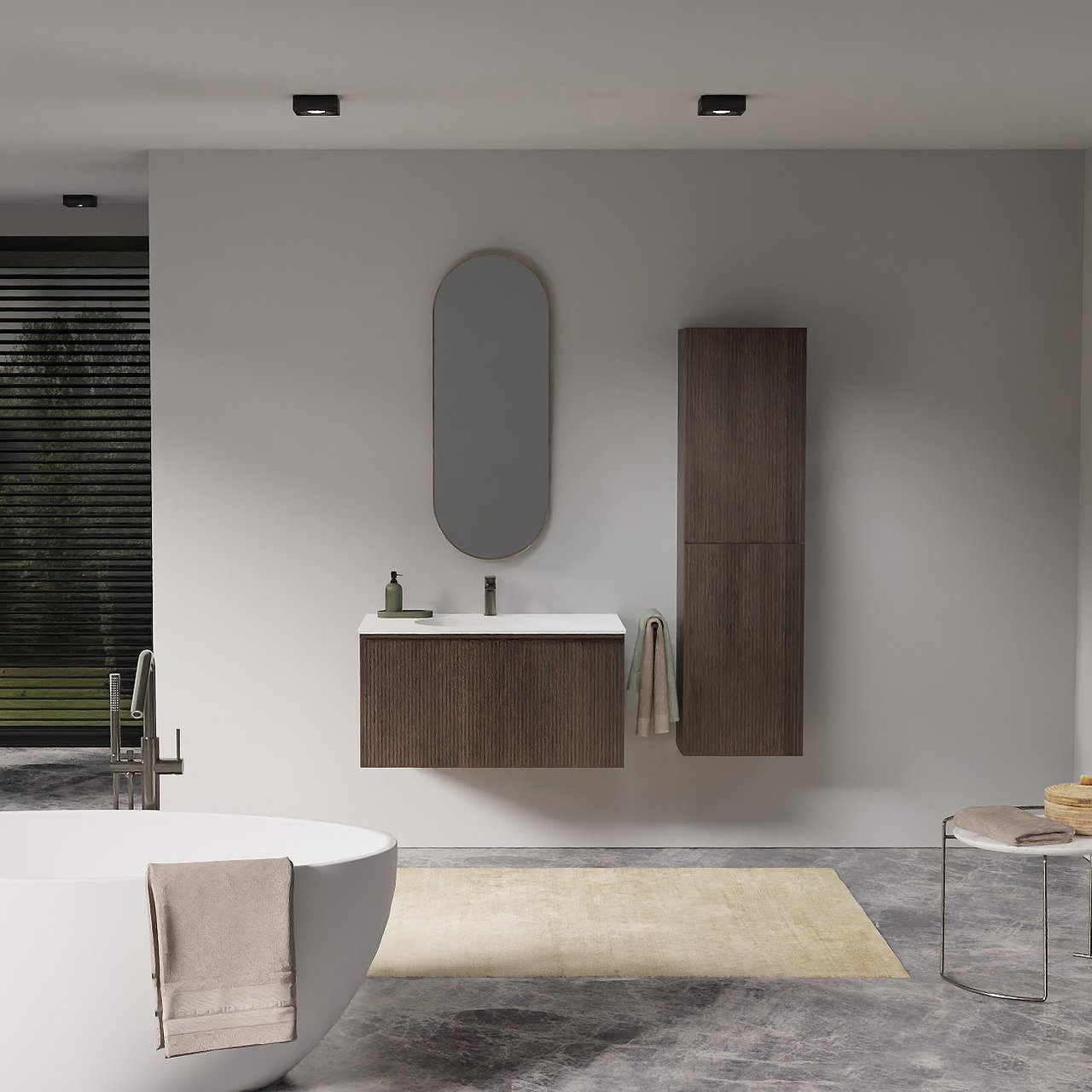 Balmani Forma meuble salle de bains suspendu 90 x 55 cm chêne fumé avec Tablo Oval plan simple en solid surface blanc mat, Nervure droite symétrique verticale