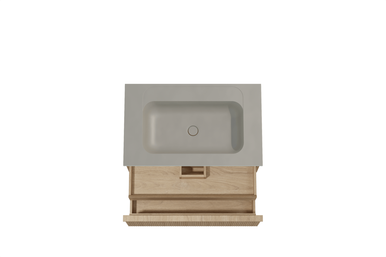 Balmani Forma zwevend badkamermeubel 90 x 55 cm natuur eik met Tablo Strada enkele wastafel in composietmarmer zijdegrijs, Verticale symmetrische rechte ribbel