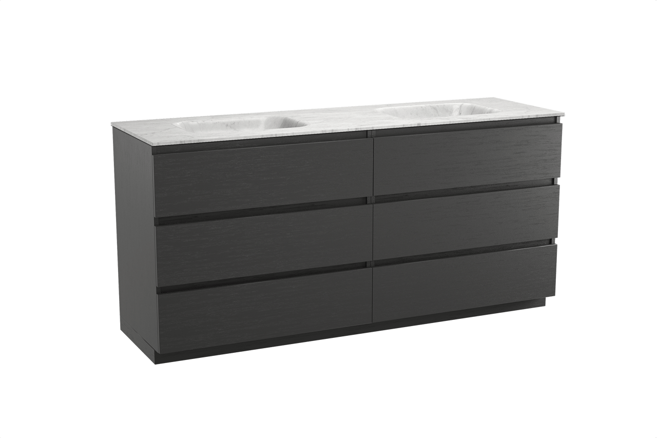 Balmani Lucida freistehendes Möbelstück Set: 180 x 55 cm, Schwarze Eiche, mit Tablo Arcato Doppelwaschtisch, Marmor Carrara