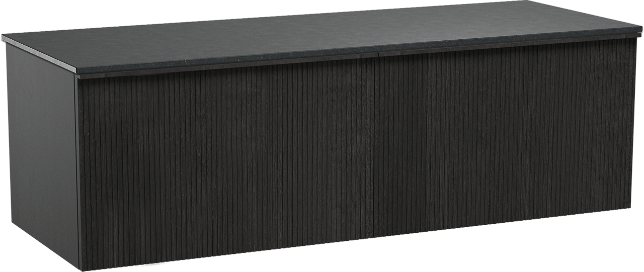 Balmani Forma hängendes Möbelstück Set: 150 x 55 cm, Schwarze Eiche, mit Stretto Einzel- oder Doppel Waschtischplatte, Granit, Schwarzes Granit, Vertikale symmetrische gerade Rippe